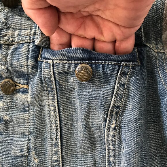 Free People Denim Jacket Women S Blue Hooded Distressed Button Up Long Sleeve - Picture 12 of 13